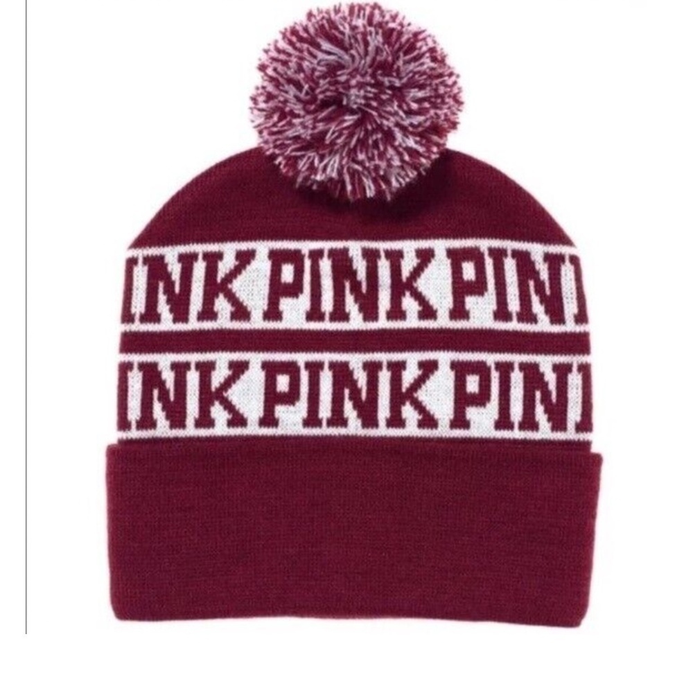 PINK Logo'd Women’s Maroon Pom-Pom Beanie